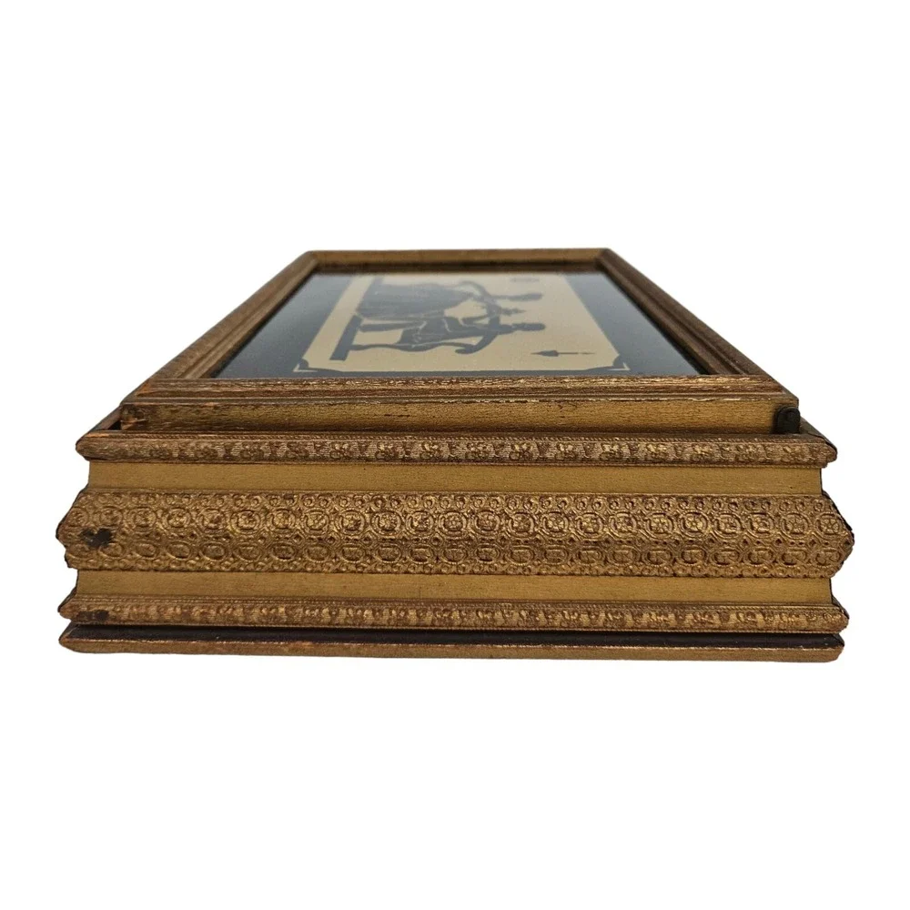 Vintage Silhouette Jewelry Box Wood Glass Top Love Scene Keepsake Victorian